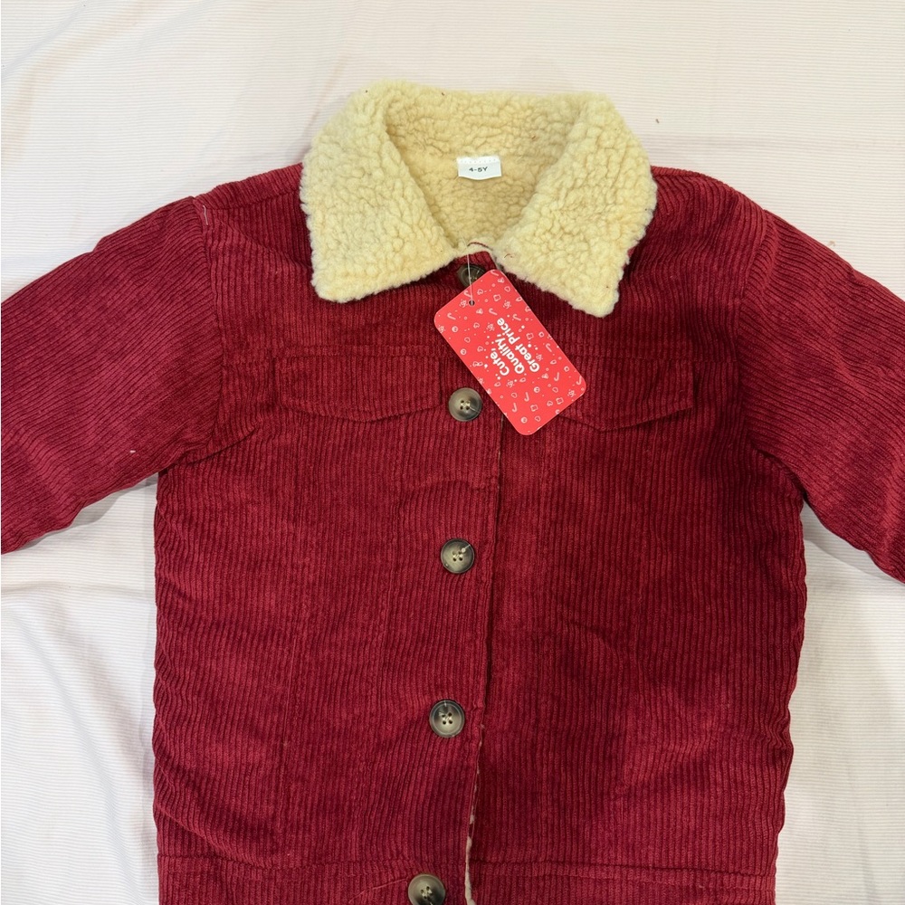 PatPat Red Corduroy Jacket with Cream Sherpa Collar